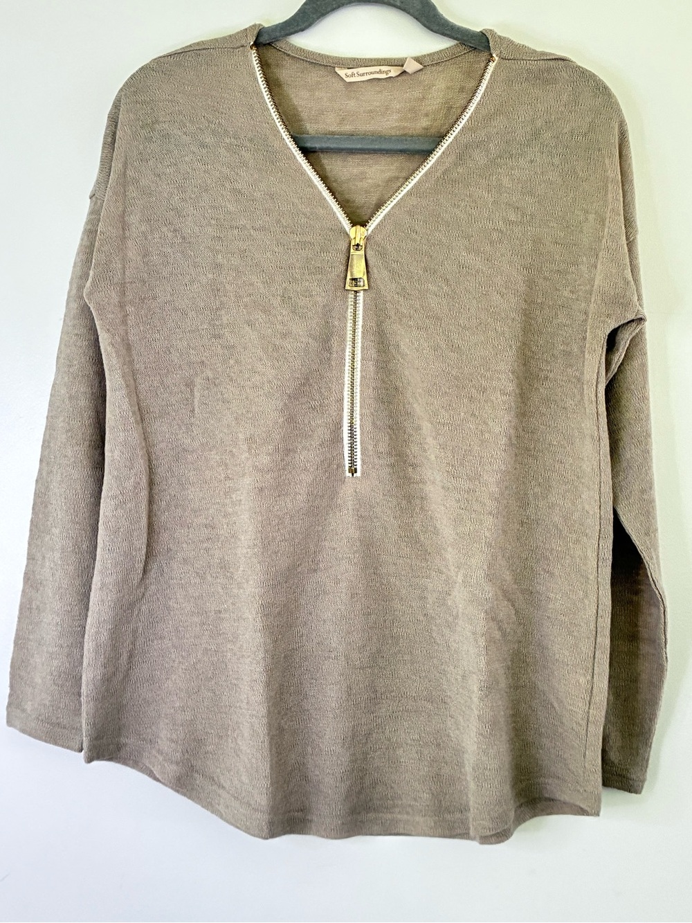 Soft Surroundings Valentina zip sweater featuring a prominent gold zipper pull M